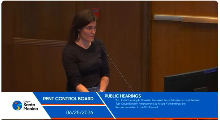 Heather Thomason speaking at a Santa Monica Rent Control Board public hearing